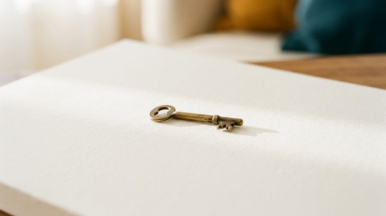 Brass key resting on cream paper