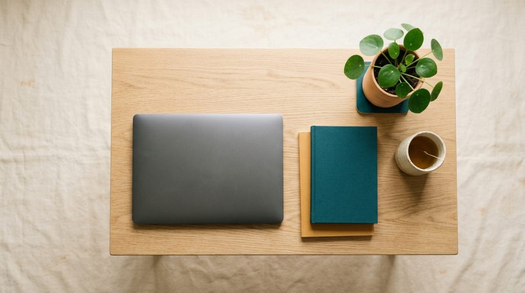 Minimal wooden desk flat lay with laptop, notebooks, cup and plant